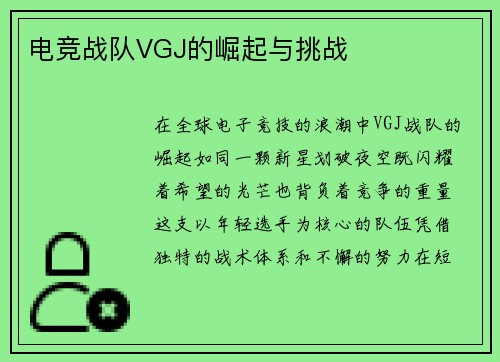 电竞战队VGJ的崛起与挑战