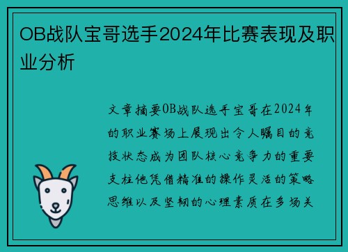 OB战队宝哥选手2024年比赛表现及职业分析